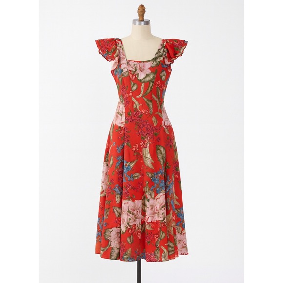 Vintage Dresses & Skirts - Vintage Y2K Shelby & Palmer Womens Red Floral Flutter Sleeve Midi Dress sz 12